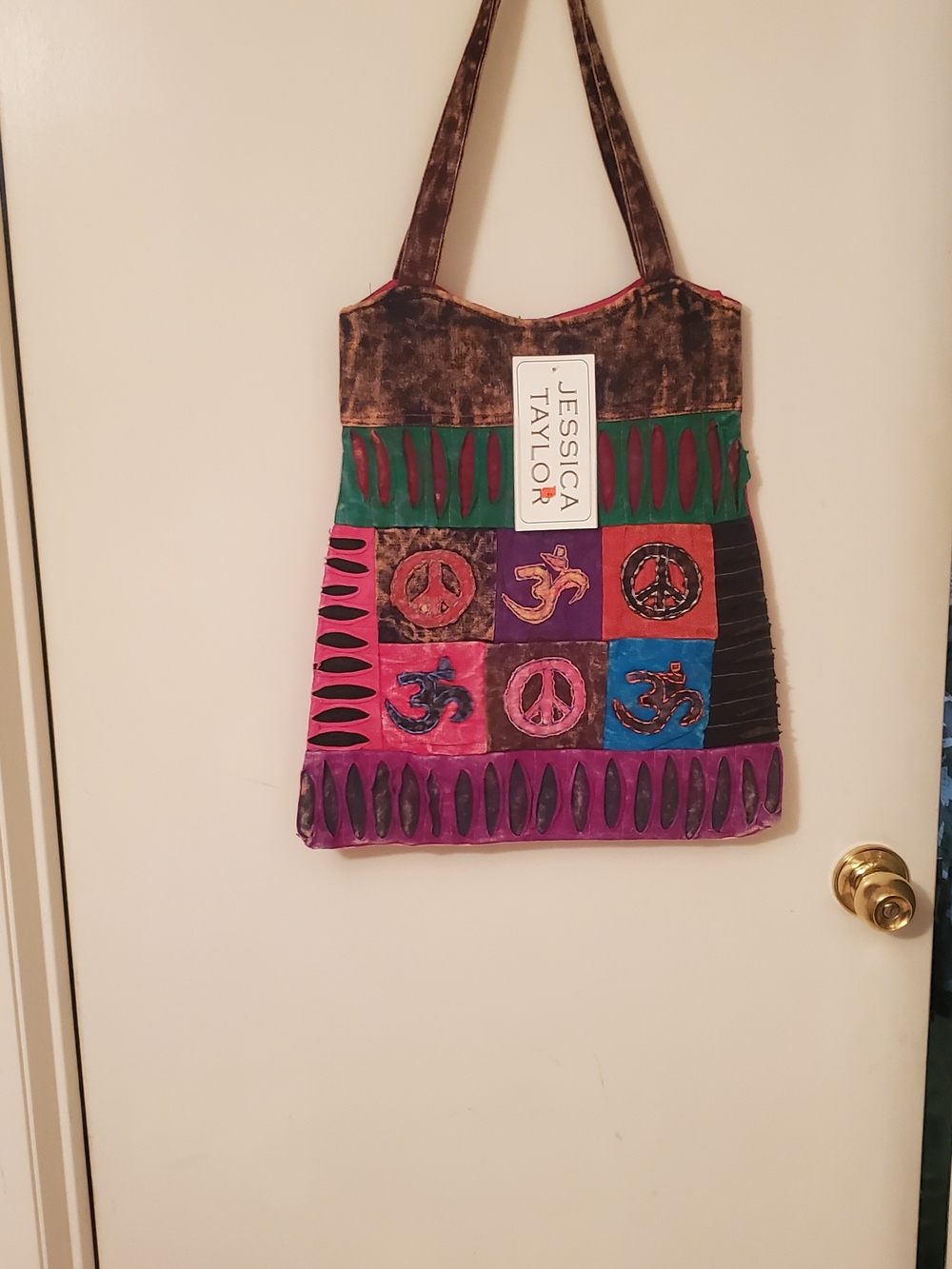 Multicolor Patchwork Tote Bag - Boho Peace Symbols